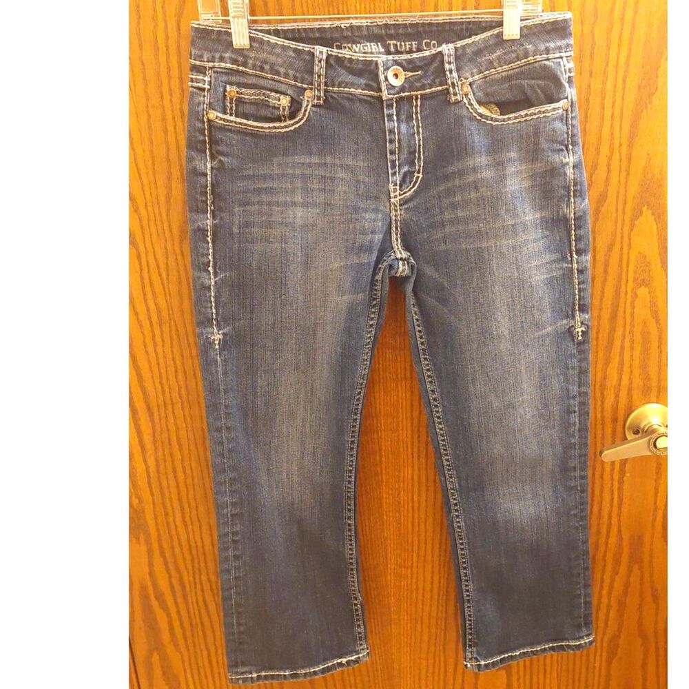 Cowgirl Tuff Don't Fence Me In Capri Jeans W29 Dark Wash Stretch Embroidered